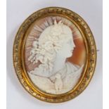 Victorian cameo brooch, carved as the profile of a classical lady and an eagle to her chest, sun