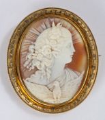 Victorian cameo brooch, carved as the profile of a classical lady and an eagle to her chest, sun