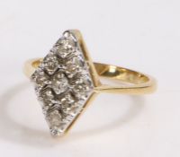 18 carat gold diamond set ring, the diamond shaped head set with nine round cut diamonds, 4.2 grams,