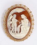 9 carat gold cameo brooch, the cameo with a figural scene to the oval set to the 9 carat gold mount,