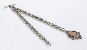 Victorian pocket watch chain, in white metal with links, T bar, clip end and medal, 37.5cm long,