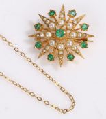 9 carat gold emerald and pearl brooch/pendant, with a central emerald surrounded by pearl set bursts