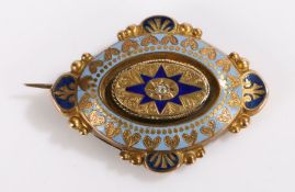 Victorian diamond and enamel brooch, the stepped oval shape with a central diamond and enamel