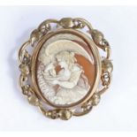 Victorian cameo brooch, carved depicting a lady and eagle feeding from a bowl, 65mm diameter