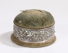 Edward VII silver mounted dressing table hat pin cushion/box, the hinged domed cushion above a