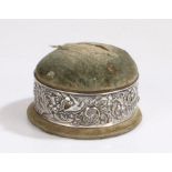 Edward VII silver mounted dressing table hat pin cushion/box, the hinged domed cushion above a