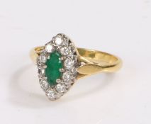 18 carat gold emerald and diamond set ring, with central naivete emerald and a diamond surround, 4.8
