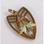 9 carat gold amethyst, pearl and enamel decorated pendant, with a pearl and amethyst centre