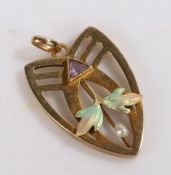 9 carat gold amethyst, pearl and enamel decorated pendant, with a pearl and amethyst centre