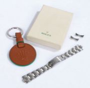 Rolex stainless steel bracelet, 6248-19, with two end links stamped 577, Rolex brown leather keyring