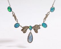 Art Nouveau style opal and marcasite necklace, with a drop pear cut opal and marcasite set swags