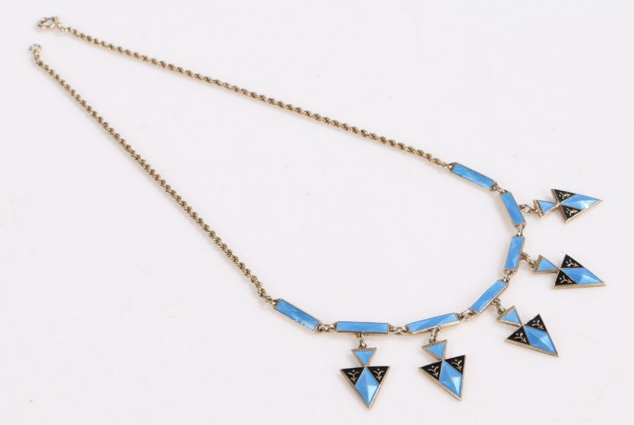 Art Deco Norwegian silver and enamel necklace, having blue guilloche enamel bars and triangular