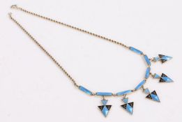 Art Deco Norwegian silver and enamel necklace, having blue guilloche enamel bars and triangular
