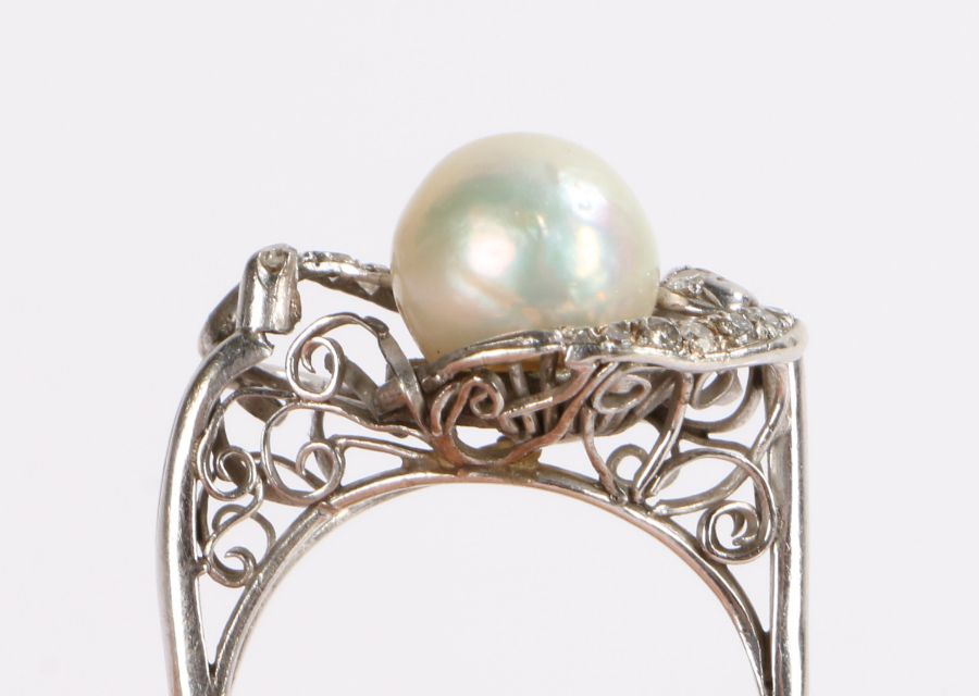 14 carat white gold pearl and diamond set ring, the raised pearl at 8mm in diameter above the - Image 2 of 2