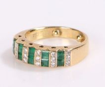 18 carat gold emerald and diamond set ring, with interspersed rows of diamonds and emeralds, 7.3