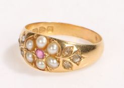Victorian 18 carat gold diamond ruby pearl set ring, Chester 1899, with a central ruby and pearl