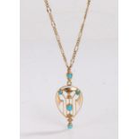 Art Deco 9 carat gold turquoise and pearl mounted pendant, on a gold coloured metal necklace, the