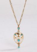 Art Deco 9 carat gold turquoise and pearl mounted pendant, on a gold coloured metal necklace, the