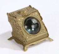 19th Century brass magnifying pocket watch box, the hinged lid above a hinged front panel containing