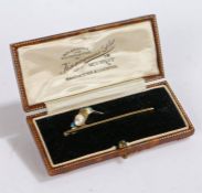 Enamel and pearl set brooch, with an enamel kingfisher above the bar, 3.2 grams, 53mm long