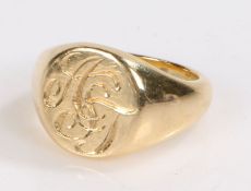 Yellow metal signet ring, the head initialled ASJ, 8.2 grams, ring size E 1/2