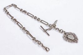 Silver pocket watch chain, with short and long links, clip to the end and T bar with medal attached,