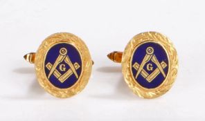 Pair of 9 carat gold and enamel cufflinks, each with an oval blue enamel panel centred by a