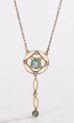 9 carat gold pearl and blue stone pendant necklace, with a circular pendant and pearl surround above