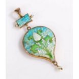 Art Nouveau enamel and pearl pendant, with an enamel front depicting a tulip with a white and blue