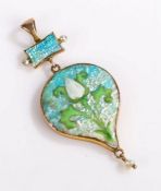 Art Nouveau enamel and pearl pendant, with an enamel front depicting a tulip with a white and blue