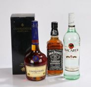 Courvoisier boxed 70cl 40%, Jack Daniels 70cl 40% and a bottle of Bacardi Superior Rum, 70cl, 37.5%,