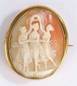 19th Century cameo brooch, depicting a neoclassical scene of three ladies, 5cm long