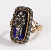 George III diamond and enamel Mourning ring, the centre of the ring with a diamond set urn on a blue