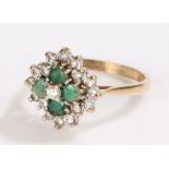 9 carat gold ring, set with emeralds and clear stones to form a cluster, 3 grams, ring size P