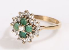 9 carat gold ring, set with emeralds and clear stones to form a cluster, 3 grams, ring size P