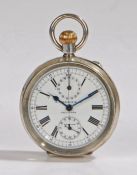 Continental 900 silver open face pocket watch/ stop watch, the white enamel dial signed "A.