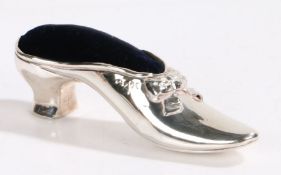 Victorian novelty silver pin cushion, London 1894, makers mark rubbed, modelled as a shoe with