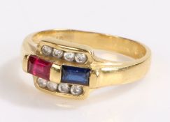 Diamond sapphire and ruby ring, the head set with an emerald cut sapphire and ruby flanked by