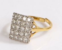 18 carat gold and diamond set ring, the rectangular head set with 18 diamonds to the gold shank (