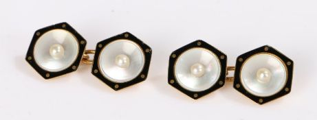French 18 carat gold pair of cufflinks, set with a mother of pearl back and central pearl, a black