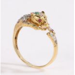 18 carat gold diamond ruby sapphire and emerald ring, the shank and head forming a leaping panther