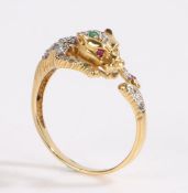 18 carat gold diamond ruby sapphire and emerald ring, the shank and head forming a leaping panther