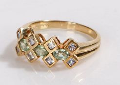 9 carat gold ring, set with pale green and violet set stones, 3 grams, ring size M