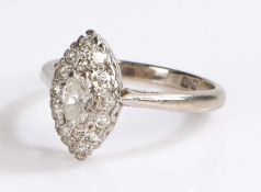 18 carat white gold and diamond set cluster ring, the central marquise cut diamond at