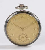 Continental silver pocket watch, the chequer-board dial with Arabic numerals and outer minutes/24
