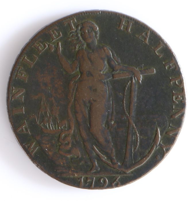 British Token, copper halfpenny, 1794, Lincolnshire, WAINFLEET HALFPENNY 1793, with depiction of