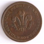 British Token, copper penny, 1811, BRISTOL AND SOUTH WALES ONE PENNY TOKEN, with central Prince of