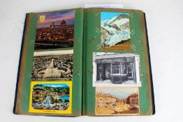 Postcards, mainly modern, some early, in old album