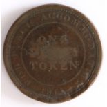 British Token, copper penny token, 1813, FOR PUBLIC ACCOMODATION ONE PENNY TOKEN 1813,  the