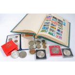 Collection of coins and stamps, to include a Decimal set, cased crowns, Chinese coin, also